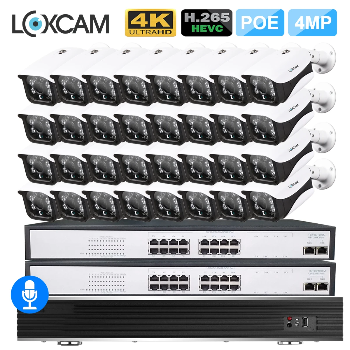 

LOXCAM H.265+ 32CH 4K POE Kit CCTV Camera System 4MP Audio Record Outdoor WaterProof Security IP Camera Video Surveillance Set