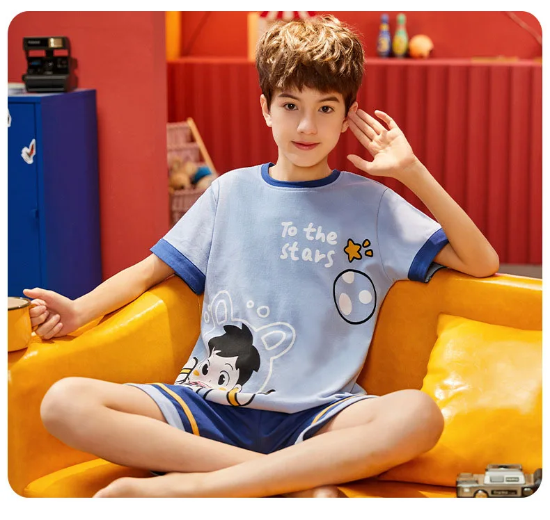 Summer Teenager Boy Pajamas Sets Anime Print Kids T Shirt Shorts Homewear Suits 2-12 Yrs Child Sleepwear Toddler Casual Clothes custom pajama sets	