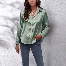 De Manga Larga Con Botones Para Mujer, Blusa De Seda Satinada Con Cuello De Solapa, Tops Para Mujer, Ropa De Moda Para Primavera Y Otoño | islamiyyat.com