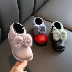 Зимние ботильоны принцессы для маленьких девочек; ботинки с бантом для малышей; детская брендовая теплая обувь; модная обувь свободного