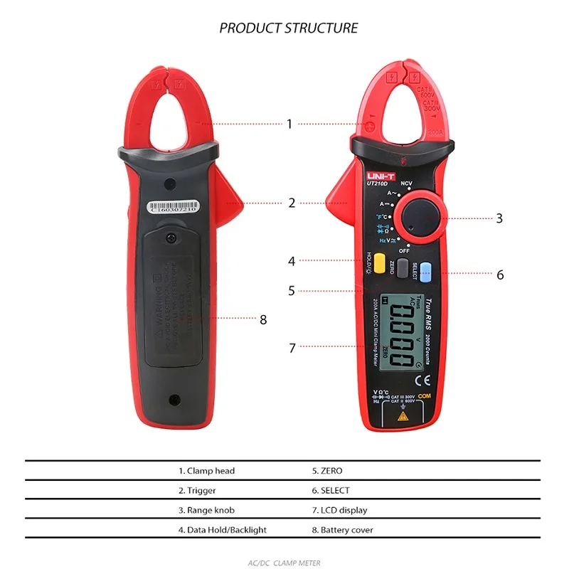 UT210D цифровой клещи измерения температуры Авто Диапазон емкости мультиметр AC/DC Cur