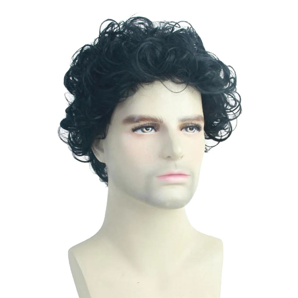 Fashion Black Natural Short Curly Wigs Wavy Hairstyle Synthetic Fiber Hair Wigs 10 inch for Men, Heat Resistant 