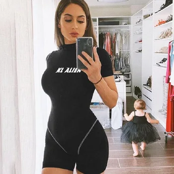 

Brand New Reflective Letter Print Romper Playsuit Women Sexy Summer Streetwear Outfit Female Club one piece Skinny Playsuits