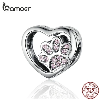 BAMOER Cat Love Heart-shape Charm 925 Sterling Silver Paw Footprints Heart Charms for Bangle Bracelet Fine Jewelry SCC1191