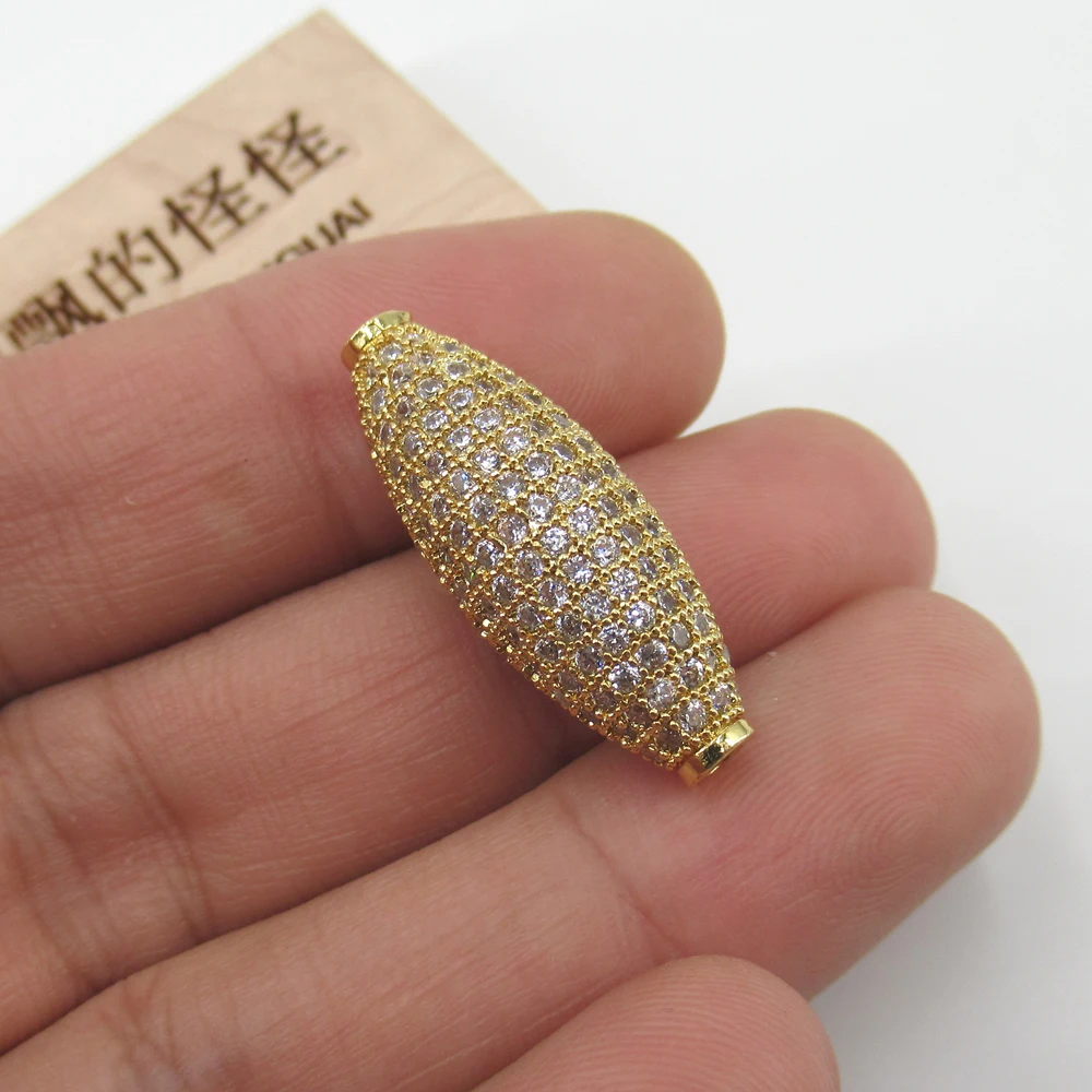 10x30mm Hollow Rice Gold plated Cubic Zirconia CZ Micro Paved Loose Metal Beads For Jewelry Making DIY