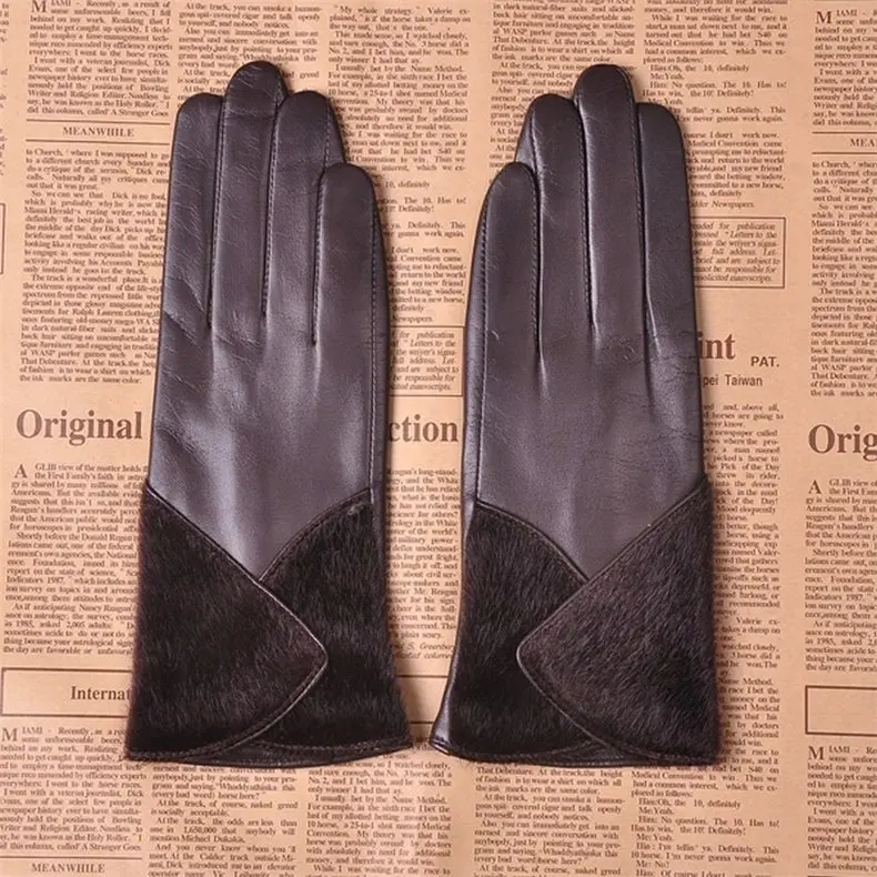 Настоящие Кожаные женские перчатки Осень Зима теплые утолщенные модные тренды из искусственного меха овчины женские кожаные перчатки L153NQ-1