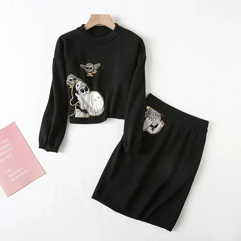 

One's Fashionable Printed Shirt Skirt Suit Autumn & Winter Korean-style Cute Skirt Pullover Knit Entity