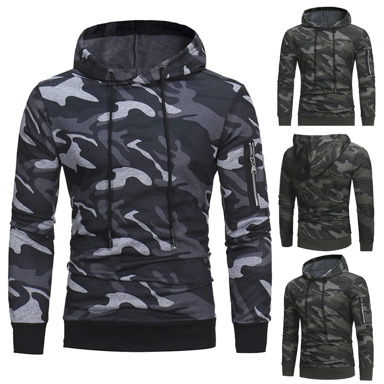 Men's Camouflage Hooded Long Sleeve Ribbed Tether Sweatshirt Top Vintage Outdoor Sport Walking Sweatshirts Свитшот Fast Shipping 1
