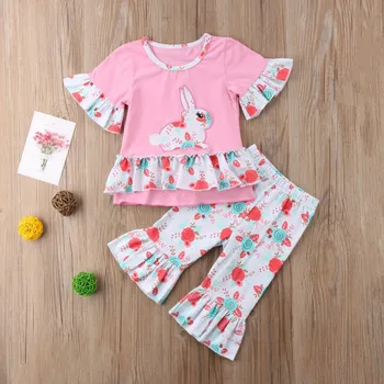 

2Pcs Infant Baby Girl T-shirt+ Flare Pants Set Cartoon Rabit Embroidery Print Top Floral Pants Lovely Kids Clothes Set Outfits
