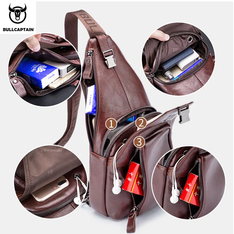 BULLCAPTAIN Men's Genuine Leather Chest pack Chest bag men Multifunctional Headphone Jack Bages Casual Messenger Bags Men Bag's