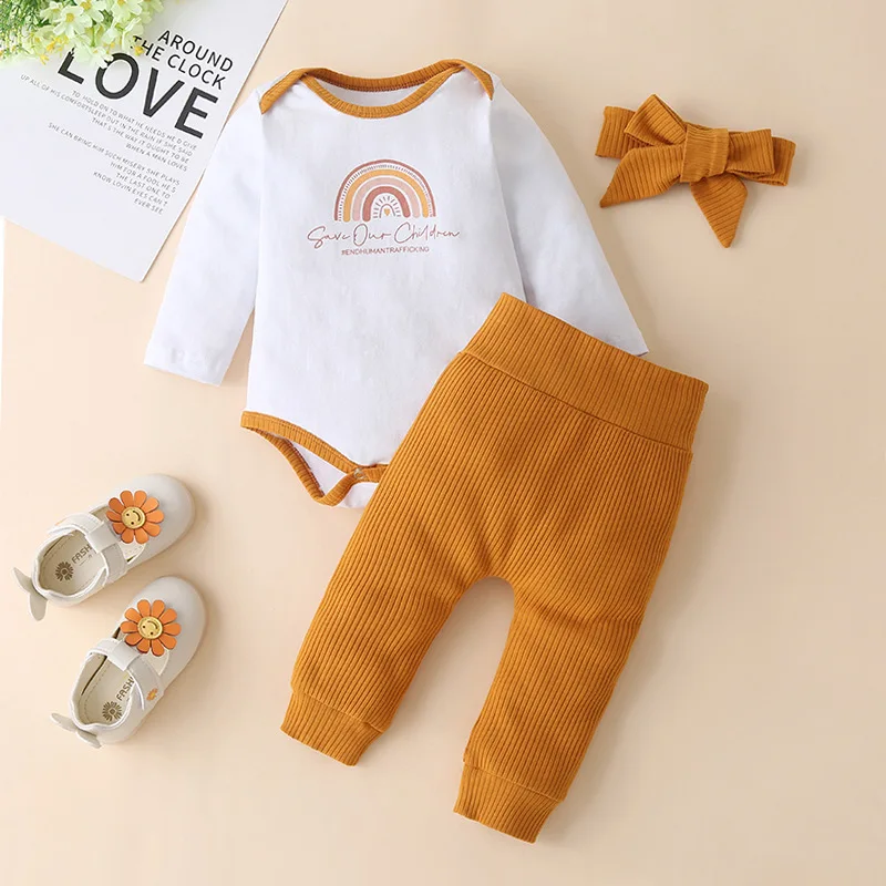 3 Piece Cotton Casual Newborn Baby Girls Clothes Set Cute Rainbow Long Sleeve Jumpsuit+Long Pants+Headband Outfits Suit For Kids | Детская