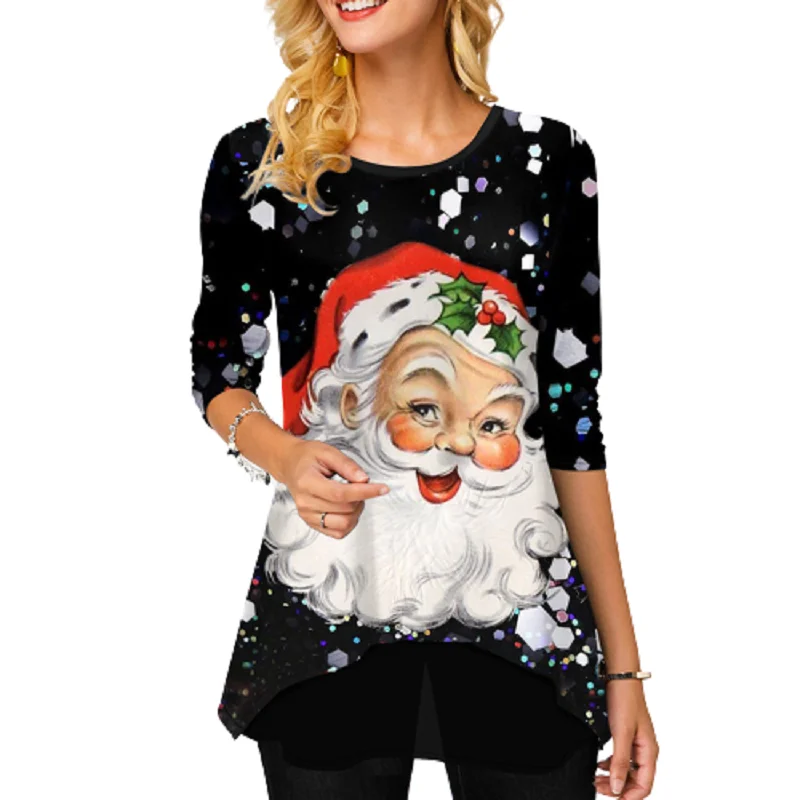 Womens Cold Shoulder Santa Christmas Tops Ladies Long Sleeve Blouse Tee T-Shirt 
