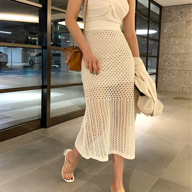 Crochet Hollow Side Split Knit Skirts Elegant Women Elastic High Waist New Korean Fashion Summer Skirts Mid-length Solid
