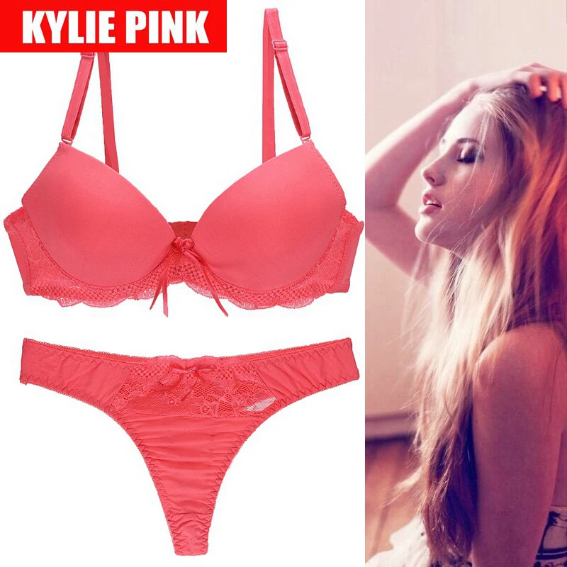 KYLIE PINK Sexy Bra Thong Suit Bright Color Girls Lace Bra Panties Underwear Set Adjustable Plus Size French Style Lingerie Set