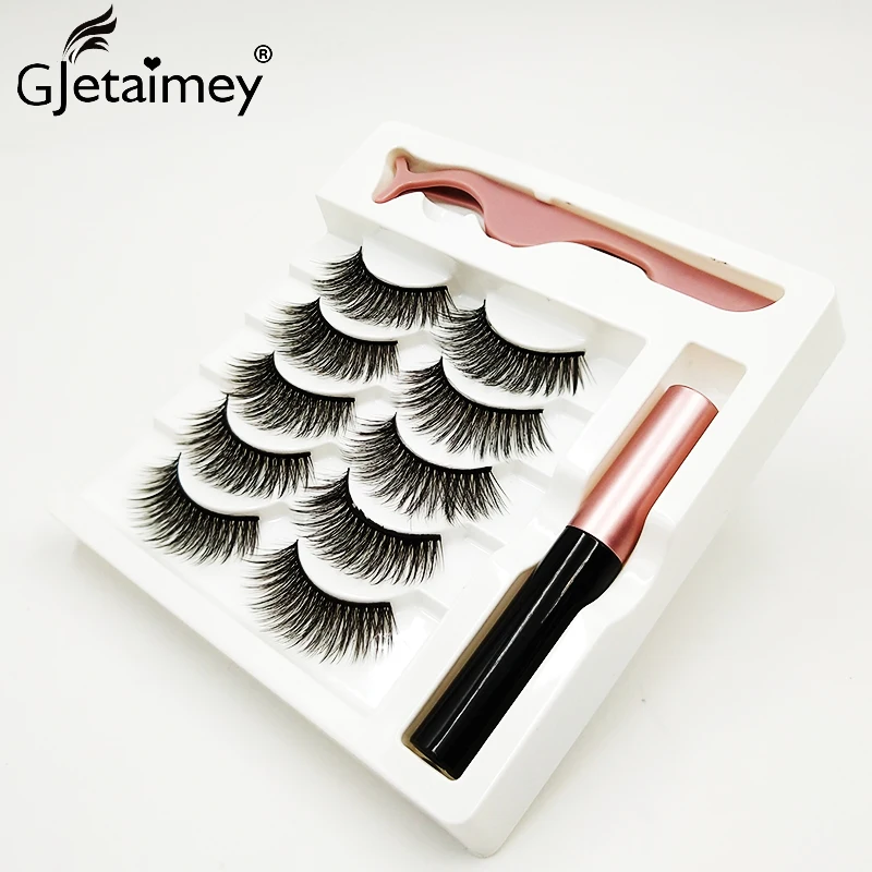 

5 Pairs 3D Magnet Eyelash Set With Eyeliner Pen Lash Tweezer Handmade Black Mink Hair Eyelashes Extention For Makeup Accessories
