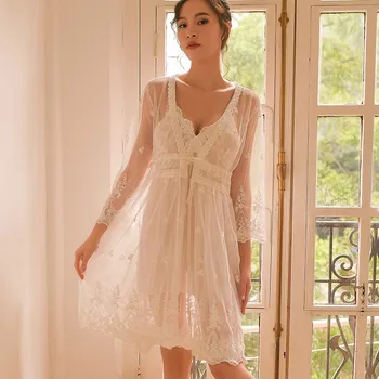 

2019 New Two-piece Ladies Lace Lace Sexy Nightdress Female Perspective Flower Summer Strap Nightdress Set Women Pijamas Dress