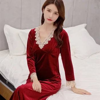

Young Lady Elegant Burgundy Home Dressing Gown Exquisite Lace Nightwear Casual Home Clothing Nightdress Sleepwear Warm Lingerie