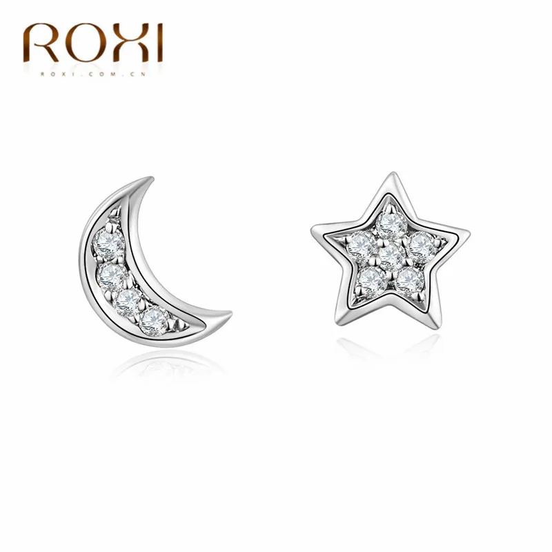 ROXI 925 пробы, серебряные серьги-гвоздики для женщин, ювелирное изделие, модные крошечные асимметричные серьги с Луной и звездой, простые серьги с кубическим цирконием
