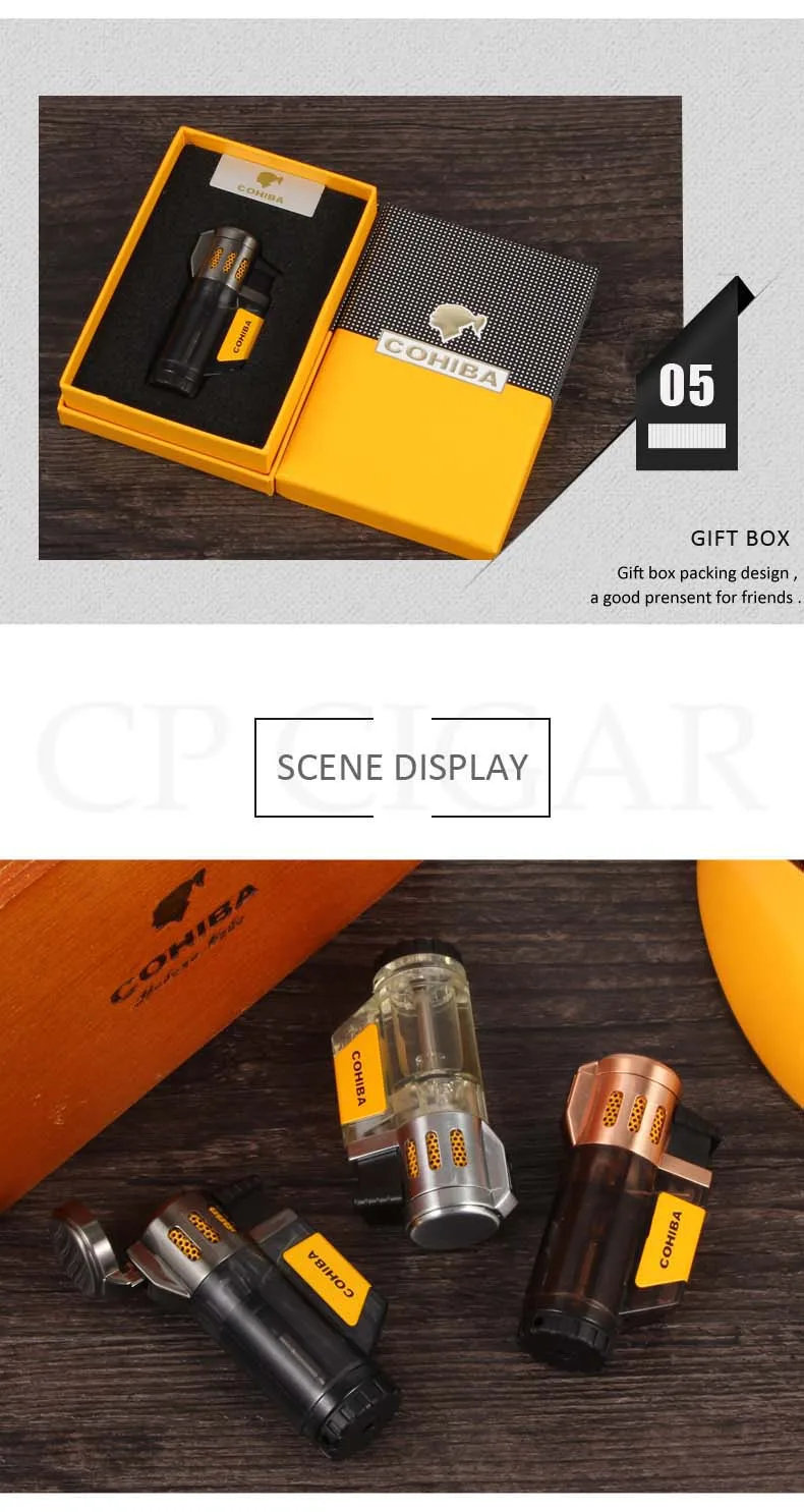 COHIBA 3 струйная зажигалка с горелкой Winproof пластиковые зажигалки бутан карманный металлический прикуриватель для мужчин аксессуары для сигар
