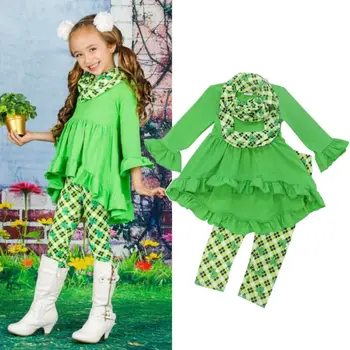 激安 2020 新年服幼児ガール服長袖トップスドレスクローバーパンツレギンス服セット 0-5T