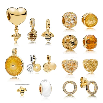 

NEW 100% 925 Sterling Silver 1:1 Charm 18K Gold Bee Honeycomb Honey Temperament Sunshine Beaded Pendant Heart Shaped Women
