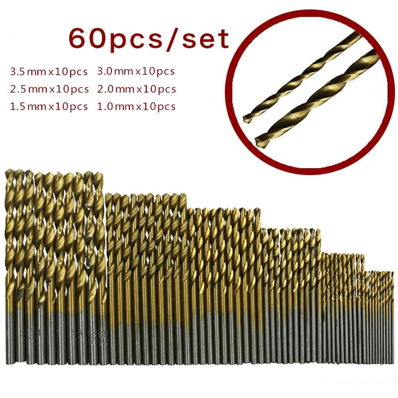 

60pcs 1/1.5/2/2.5/3/3.5mm Titanium Coated HSS High Speed Steel Drill Bit Set Titanium For Wood Plastic Twist Drill Bit Set