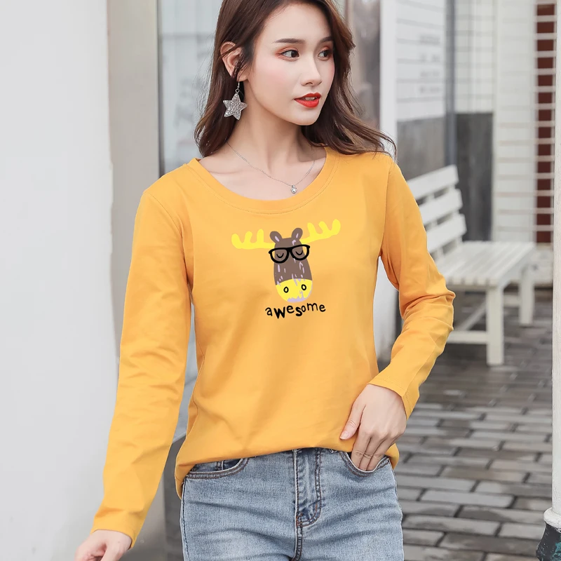 Cotton autumn and winter loose round neck print long-sleeved t-shirt female large size wild bottoming shirt women's shirt
