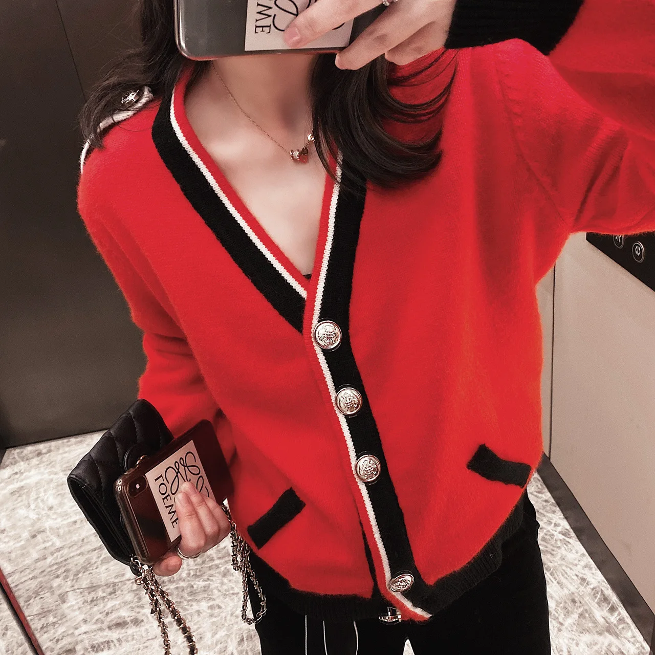 

Contrast Knit Cardigan 2020 V-Neck Cardigans Black Sweater Women