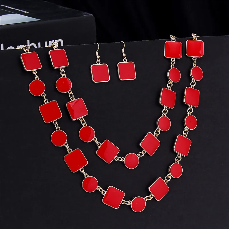 

Europe And America Exaggeration Double Layer Necklace Creative Geometry Red Necklace And Earrings Suite Oil Drop Alloy Necklace