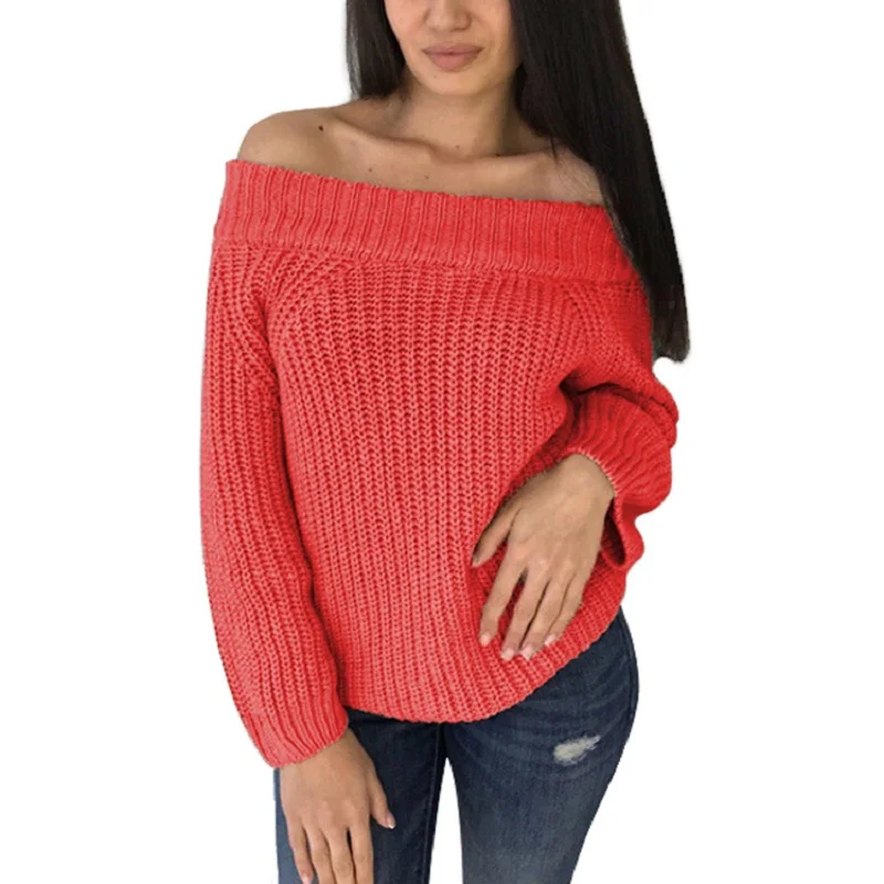 

2019 New Fashion Slash-neck Full Sleeve Knitted Sweater Women Cold Shoulder Elastic Knitted Pullovers Sexy Off-shoulder Jumper