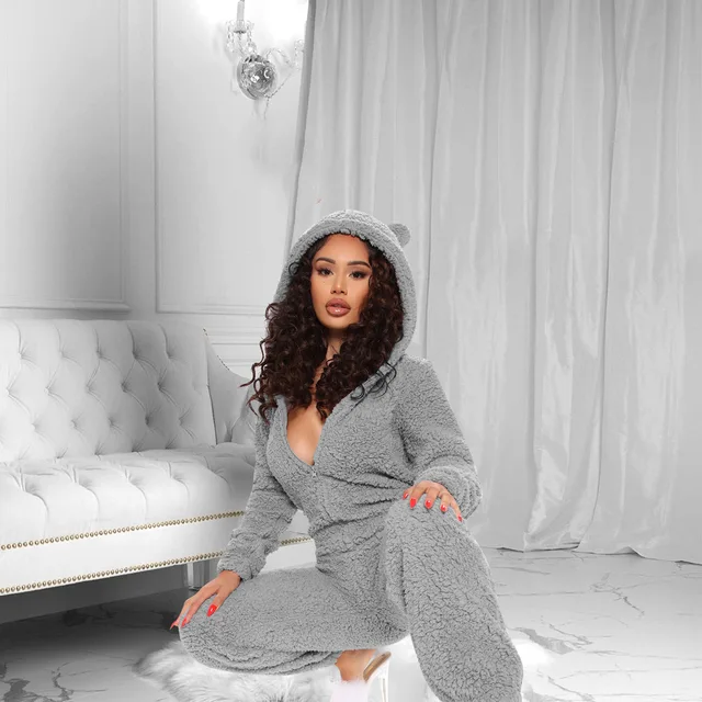 Winter Warm Pyjamas Jumpsuit Women Fluffy Fleece Jumpsuits Sleepwear Warm Overall Plus Size Hood Sets Pajamas For Women Adult gray