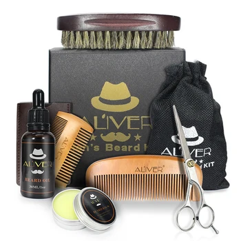 

Men Growth Oil Comb Beard Care Kit Scissor Set Grooming Styling Shaping Brush Trimming Balm 6pcs