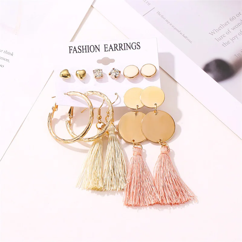 Hot Sales Set Ear Stud Ethnic-Style Series Tassels Geometry Heart Earrings Ear Stud Women's