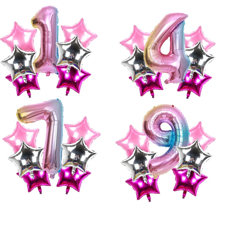 7 шт. синего цвета розовое золото с днем рождения воздушные шары 32 дюймов номер баллоны+ брюки с принтом звезд и Фольга гелия для маленьких детей, размерный ряд От 1 до 4 лет вечерние украшения