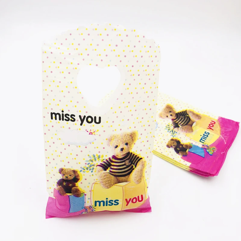 

Colorful Bear Print Plastic Bag 9x15cm Yellow Dot Cosmetic Candy Packaging Plastic Gift Bags With Handle Small Bag For Boutique