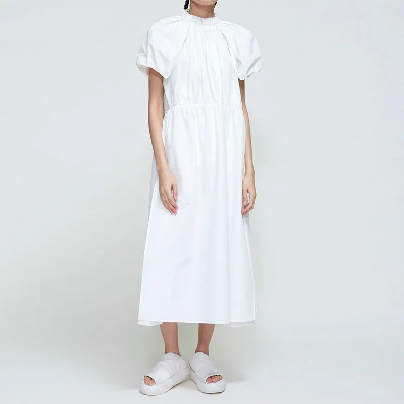 

2019 New Spring And Summer Fashion Women Clothes Round Neck Short Sleeves Vintage Pleated Long Straight Dress R726