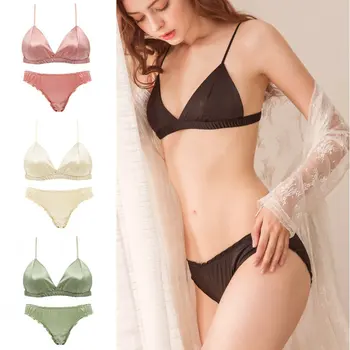 

Sexy Bikini Smooth Satin Sets Women Bra Lingerie Set 3/4 Cup Wire Free Gathered Triangle Bra + Briefs Panties Solid Set QHAG