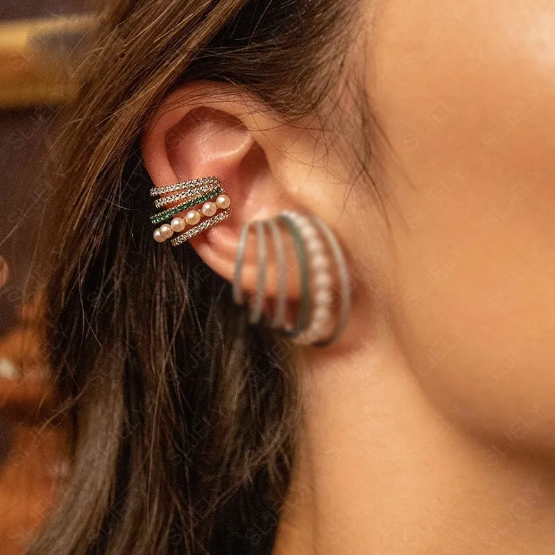 Женское серебро 925 пробы желтого золота Цвет моно белый и зеленый пять обод кольцо зажим для на Хрящ уха с жемчугом без Кафф серьги