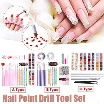 

Nail Point Drill Tool Set Professional Rivet Rhinestone Bending Tweezers Powder Glitter Clipper Primer Nail Art Brush Tools Set