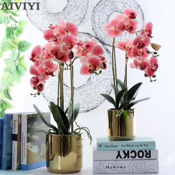 

2 Branch Orchid Gold Basin Set Home Decor Wedding Garden Decoration Emulsion Artificial Flowers Plantas Flower Pots Orchideen