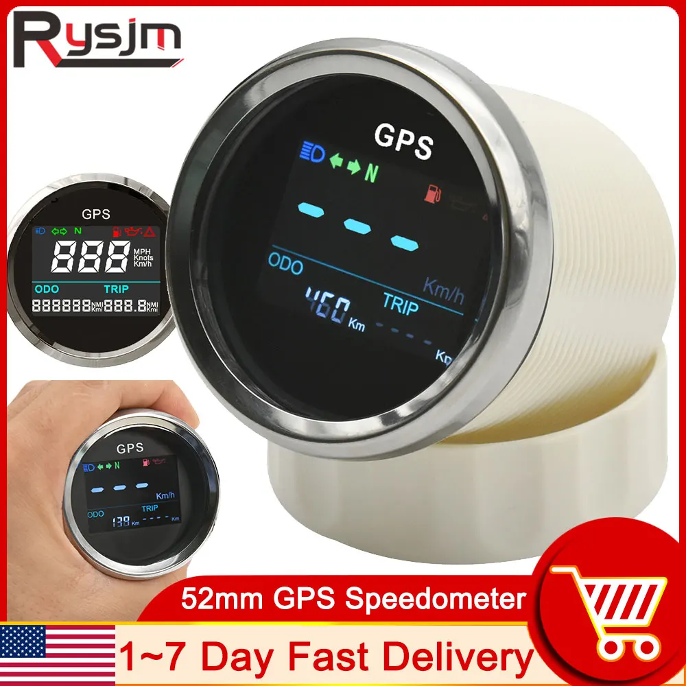 52mm Digital GPS Speedometer + + GPS Antenna LCD Speed Gauge Odometer