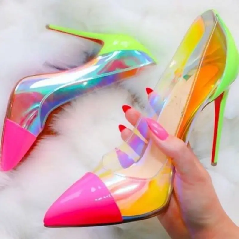 

Shoes Clear PVC Stiletto High Heels Patchwork High Heels Pointed Toe Shallow Slip On Women Pumps Manufacturer Footwear
