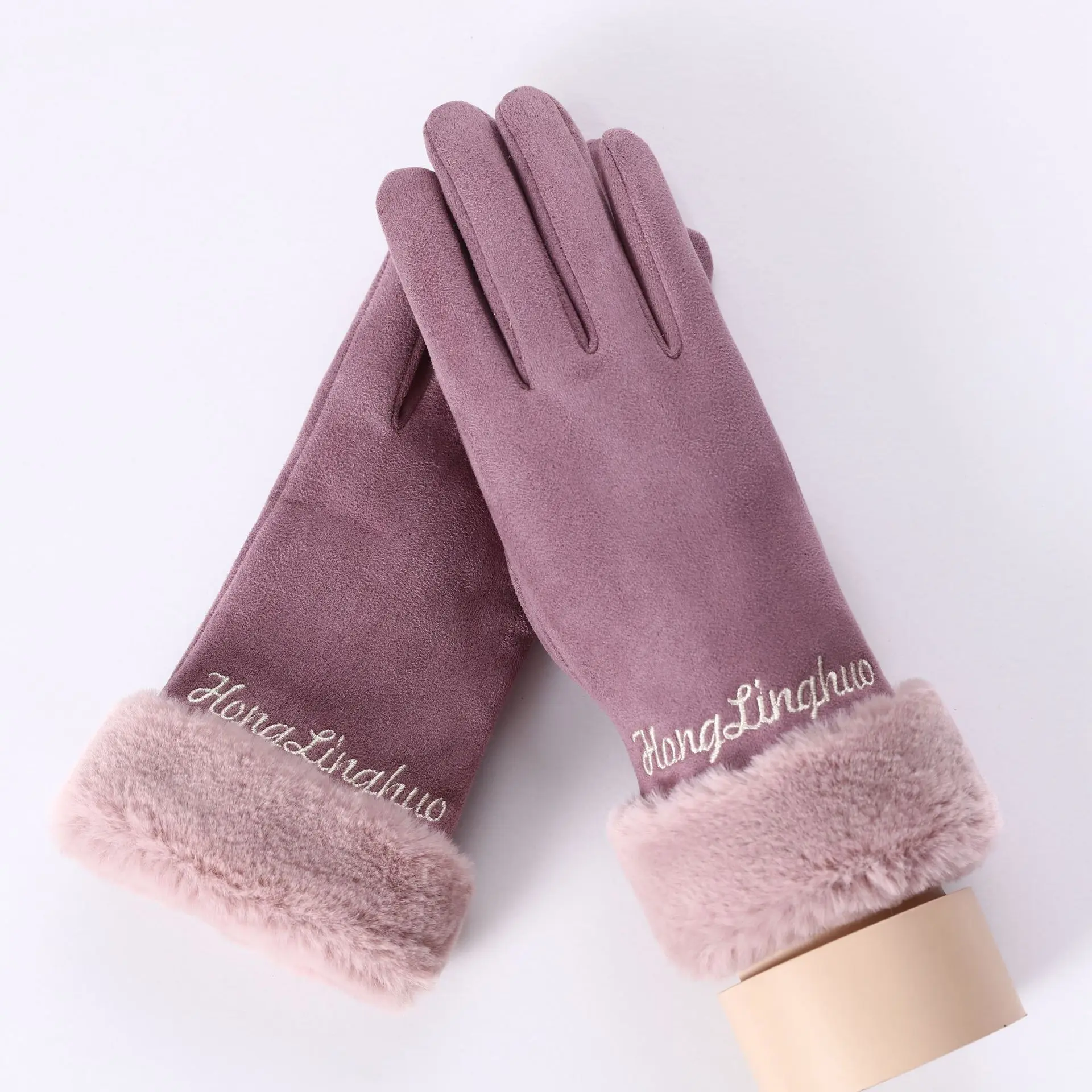 Sparsil, женские замшевые перчатки с сенсорным экраном на осень и зиму, теплые толстые кашемировые варежки на палец, женские шерстяные перчатки с флисом внутри - Цвет: 082D-Dousha