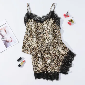 

pijama mujer Women Satin Vest Crop Comfortable Lingerie Sexy Leopard Print Lace Pajamas Camisole Shorts Set pijama feminino