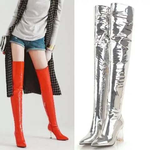 

Hot Woman Mirror Patent Leather Transparent Heels Thigh High Boots Pointed Toe Over The Knee Boots Black Red Sliver White Color