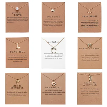 

1PC Simple Round Compass Elephant Bird Leaf Pearl Pendant Link Chain Necklace With Cardboard Charm Jewelry Gift For Women Men