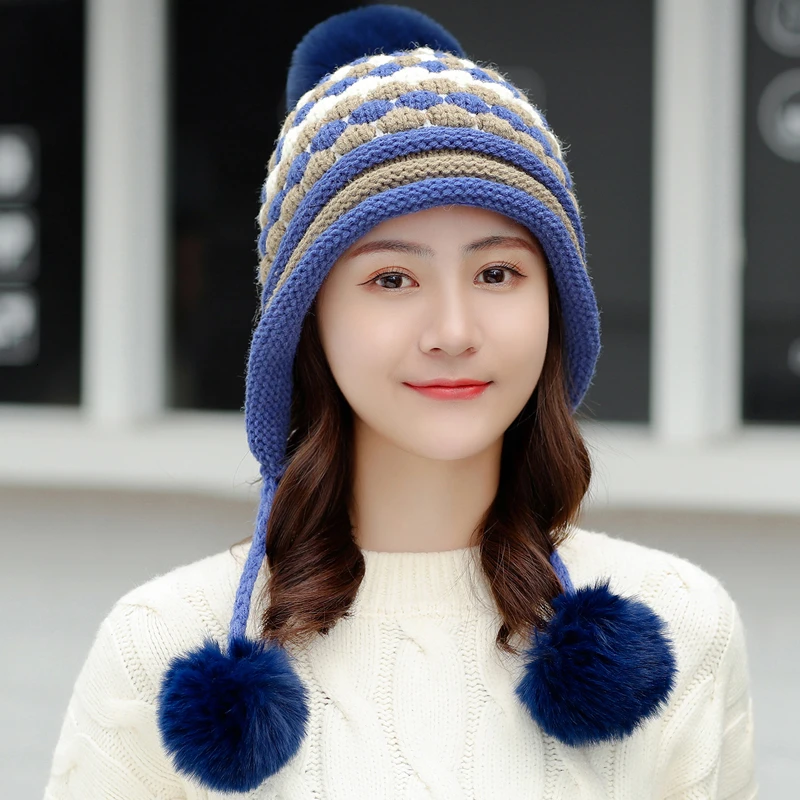 only hat Утепленные лыжные белая шапка для девочек, Новые Модные Меховые помпоны, зимние женские шерстяные шапки в стиле бини, женский теплый шарф+ вязаная шапка - Цвет: only hat