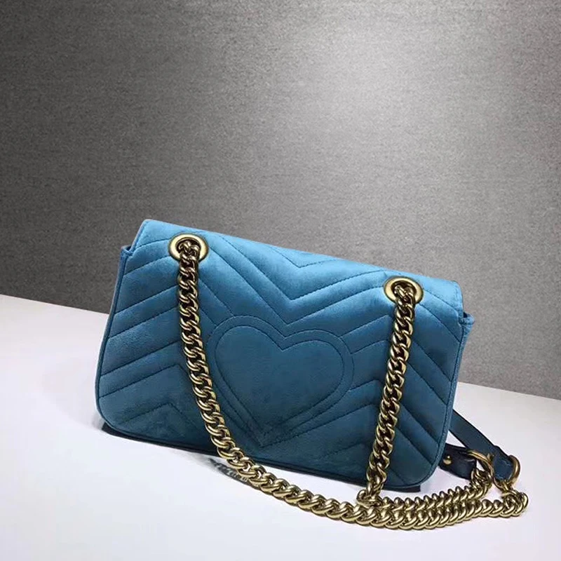 Golden velvet women's bag new love chain bag luxury jewelry one shoulder slant cross handbag velvet big brand bag - Цвет: Небесно-голубой