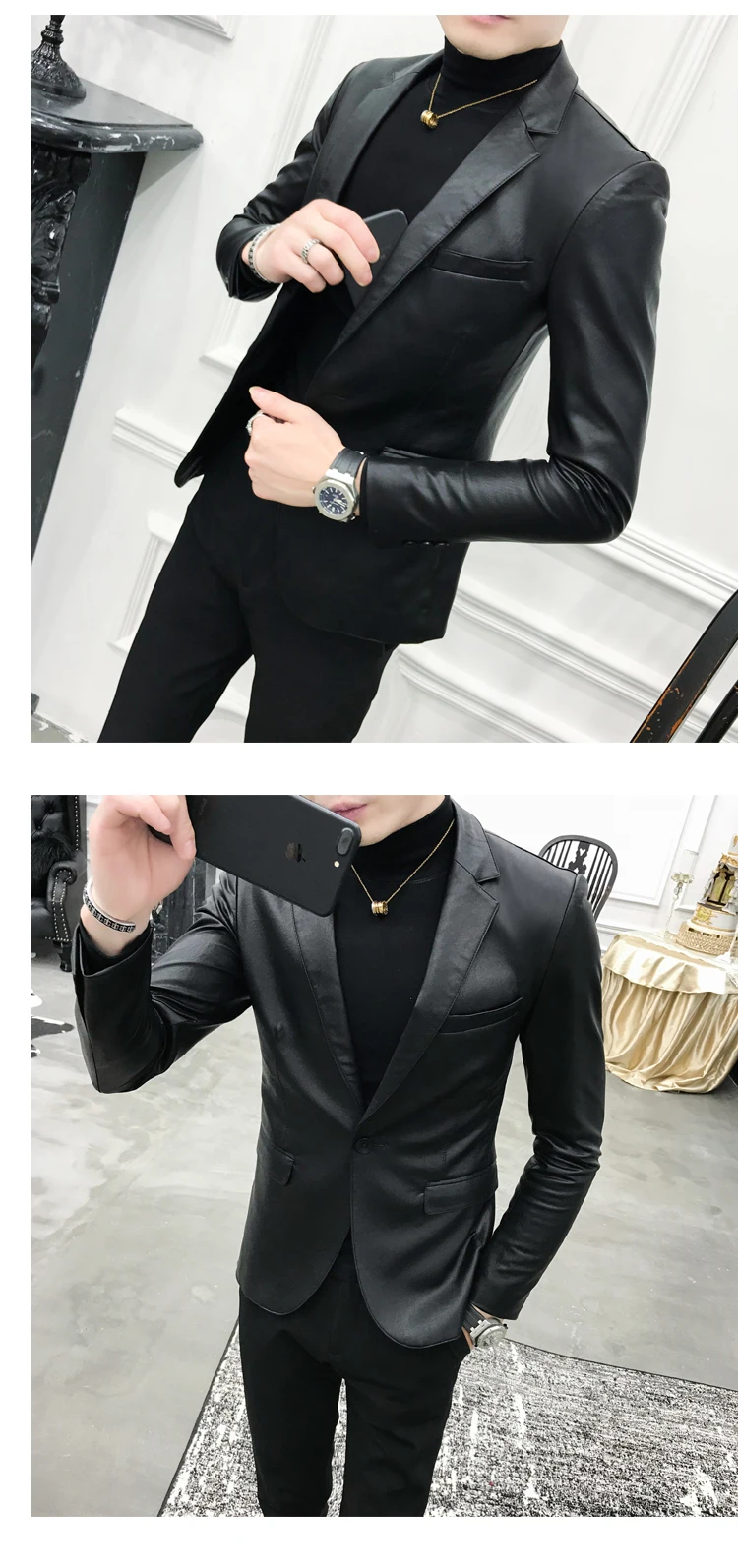 Черные костюмы из искусственной кожи, блейзеры, мужской брендовый пиджак для свадебной вечеринки, повседневный приталенный пиджак, кожаный мужской костюм Homme