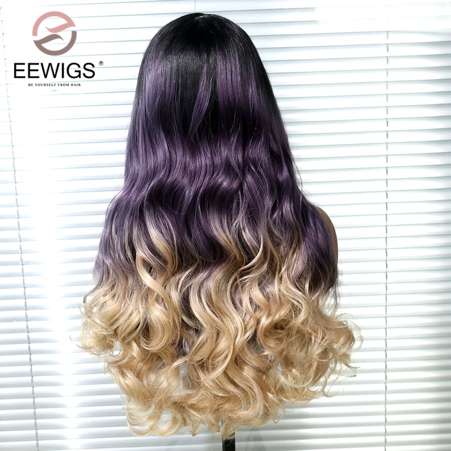EEWIGS свободные волнистые волосы 3 тона Омбре парик фронта шнурка Glueless черный фиолетовый блонд синтетические парики термостойкие волокна